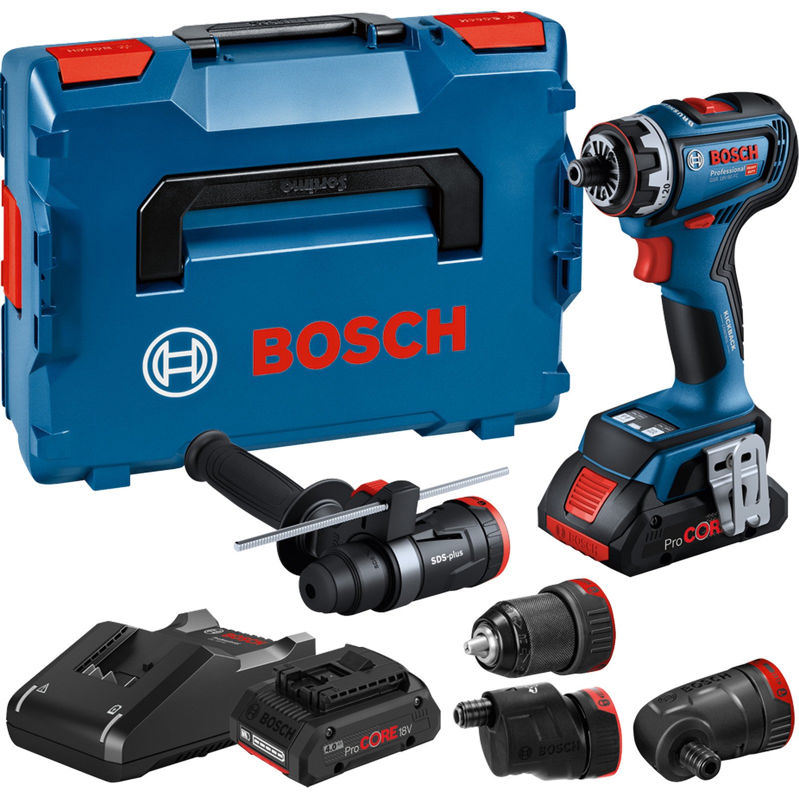 Bosch Akku-Bohrmaschine GSR 18V-90 FC / 2x 4,0 Ah ProCORE18V + Aufsätze + L-Boxx 